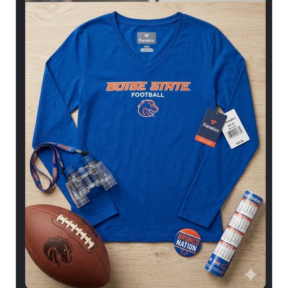 Fanatics Boise State Broncos Football V-Neck Long Sleeve Shirt Blue Mens Medium